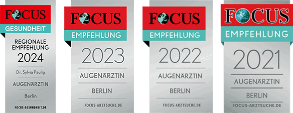 Dr. Sylvia Paulig, lächelnd, Fokus-Auszeichnungen 2024, 2023, 2021, Medizin, grau-rot Design.